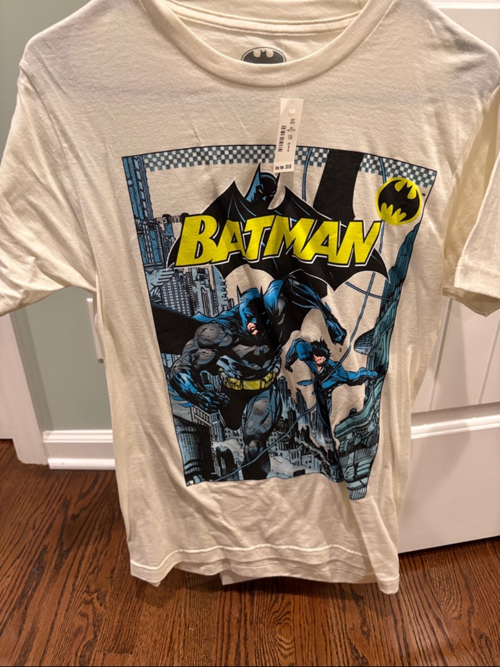 Batman Graphic Tee in Cream with Yellow & Blue Print